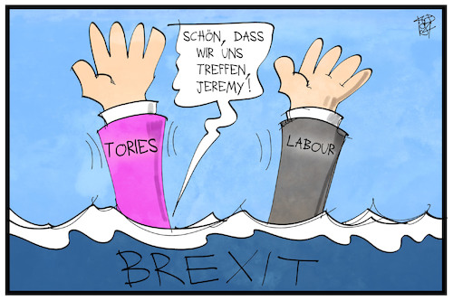 Cartoon: Tories und Labour (medium) by Kostas Koufogiorgos tagged karikatur,koufogiorgos,illustration,cartoon,may,corbyn,brexit,untergang,uk,grossbritannien,tories,labour,partei,karikatur,koufogiorgos,illustration,cartoon,may,corbyn,brexit,untergang,uk,grossbritannien,tories,labour,partei