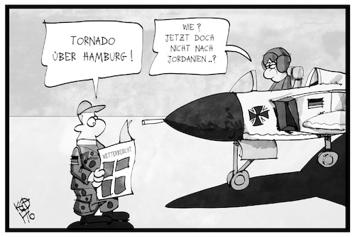 Cartoon: Tornado in Hamburg (medium) by Kostas Koufogiorgos tagged karikatur,koufogiorgos,illustration,cartoon,tornado,bundeswehr,incirlik,jordanien,hamburg,militär,wetter,unwetter,sturm,karikatur,koufogiorgos,illustration,cartoon,tornado,bundeswehr,incirlik,jordanien,hamburg,militär,wetter,unwetter,sturm