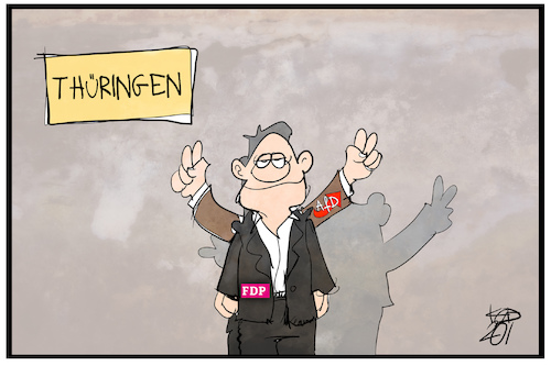 Cartoon: Triumpf in Thüringen (medium) by Kostas Koufogiorgos tagged karikatur,koufogiorgos,illustration,cartoon,thueringen,kemmerich,afd,fdp,afdp,jubel,demokratie,wahl,ministerpräsident,karikatur,koufogiorgos,illustration,cartoon,thueringen,kemmerich,afd,fdp,afdp,jubel,demokratie,wahl,ministerpräsident