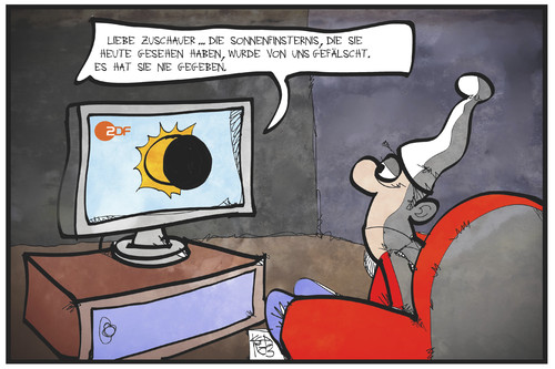 Cartoon: Trolle beim ZDF (medium) by Kostas Koufogiorgos tagged karikatur,koufogiorgos,illustration,cartoon,zdf,sonnenfinsternis,fernsehen,fake,fälschung,troll,zuschauer,medien,michel,karikatur,koufogiorgos,illustration,cartoon,zdf,sonnenfinsternis,fernsehen,fake,fälschung,troll,zuschauer,medien,michel