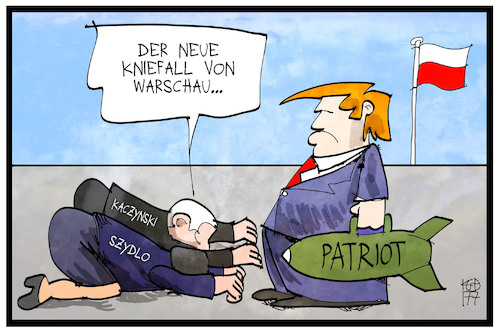 Cartoon: Trump in Polen (medium) by Kostas Koufogiorgos tagged karikatur,koufogiorgos,illustration,cartoon,trump,polen,warschau,kaczynski,szydlo,patriot,militär,rüstung,karikatur,koufogiorgos,illustration,cartoon,trump,polen,warschau,kaczynski,szydlo,patriot,militär,rüstung