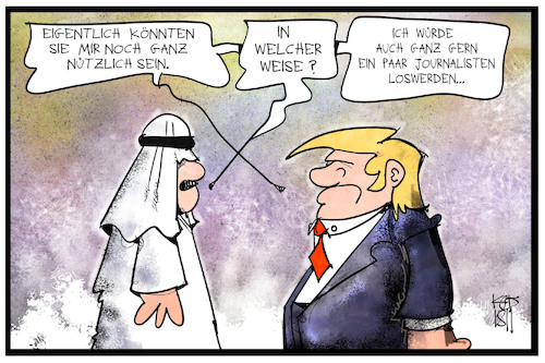 Cartoon: Trump steht zu Saudi-Arabien (medium) by Kostas Koufogiorgos tagged karikatur,koufogiorgos,illustration,cartoon,usa,saudi,arabien,trump,prinz,pressefreiheit,khashoggi,journalist,ermordung,karikatur,koufogiorgos,illustration,cartoon,usa,saudi,arabien,trump,prinz,pressefreiheit,khashoggi,journalist,ermordung