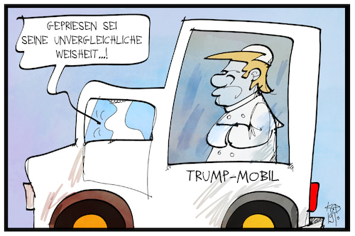 Cartoon: Trumps Weisheit (medium) by Kostas Koufogiorgos tagged karikatur,koufogiorgos,illustration,cartoon,trump,trumpmobil,weisheit,tweet,unfehlbarkeit,karikatur,koufogiorgos,illustration,cartoon,trump,trumpmobil,weisheit,tweet,unfehlbarkeit