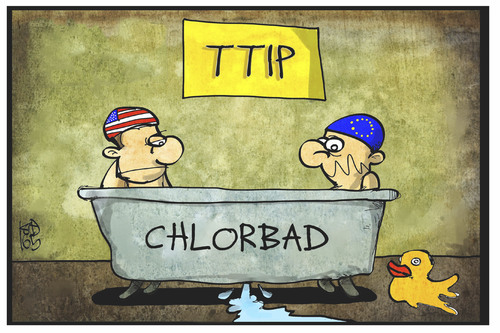 Cartoon: TTIP-Leaks (medium) by Kostas Koufogiorgos tagged karikatur,koufogiorgos,illustration,cartoon,ttip,leaks,badewanne,chlorbad,usa,eu,europa,freihandelsabkommen,leck,datenleck,wirtschaft,karikatur,koufogiorgos,illustration,cartoon,ttip,leaks,badewanne,chlorbad,usa,eu,europa,freihandelsabkommen,leck,datenleck,wirtschaft