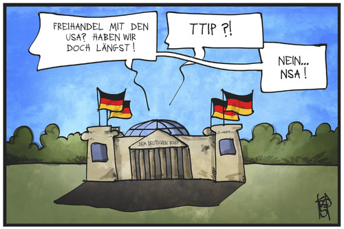 Cartoon: TTIP und  NSA (medium) by Kostas Koufogiorgos tagged karikatur,koufogiorgos,illustration,cartoon,ttip,nsa,usa,reichstag,bundestag,freihandelsabkommen,zusammenarbeit,kooperation,politik,wirtschaft,karikatur,koufogiorgos,illustration,cartoon,ttip,nsa,usa,reichstag,bundestag,freihandelsabkommen,zusammenarbeit,kooperation,politik,wirtschaft