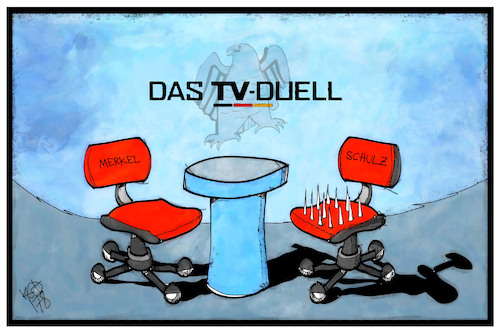 Cartoon: TV-Duell (medium) by Kostas Koufogiorgos tagged karikatur,koufogiorgos,illustration,cartoon,tv,duell,merkel,schulz,stuhl,dornig,wahlkampf,budnestagswahl,karikatur,koufogiorgos,illustration,cartoon,tv,duell,merkel,schulz,stuhl,dornig,wahlkampf,budnestagswahl