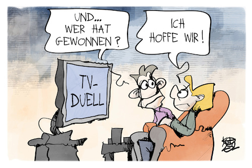 Cartoon: TV-Duell (medium) by Kostas Koufogiorgos tagged karikatur,koufogiorgos,tv,duell,fernsehen,gewinner,demokratie,karikatur,koufogiorgos,tv,duell,fernsehen,gewinner,demokratie