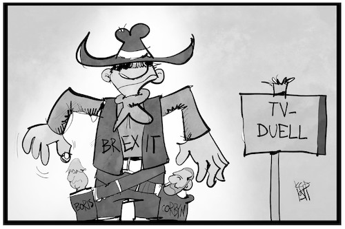 Cartoon: TV-Duell Großbritannien (medium) by Kostas Koufogiorgos tagged karikatur,koufogiorgos,illustration,cartoon,tv,duell,fernsehen,johnson,corbyn,brexit,uk,grossbritannien,wildwest,karikatur,koufogiorgos,illustration,cartoon,tv,duell,fernsehen,johnson,corbyn,brexit,uk,grossbritannien,wildwest