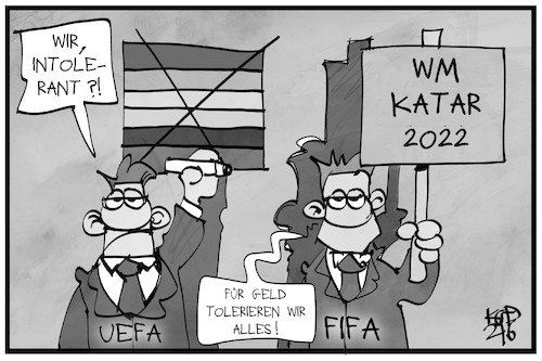 Cartoon: UEFA und FIFA (medium) by Kostas Koufogiorgos tagged karikatur,koufogiorgos,illustration,cartoon,fußball,uefa,fifa,quatar,käuflich,menschenrechte,toleranz,karikatur,koufogiorgos,illustration,cartoon,fußball,uefa,fifa,quatar,käuflich,menschenrechte,toleranz