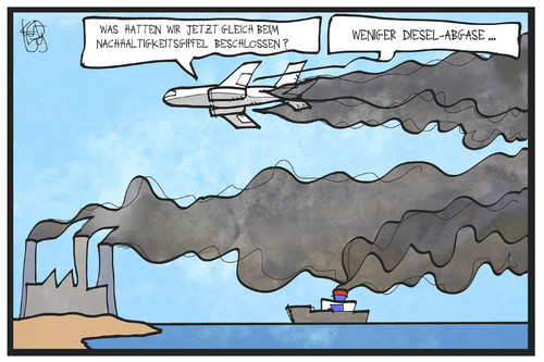 Cartoon: UN-Nachhaltigkeitsgipfel (medium) by Kostas Koufogiorgos tagged karikatur,koufogiorgos,illustration,cartoon,un,nachhaltigkeitsgipfel,verschmutzung,umwelt,dieselgate,diesel,abgas,luft,klima,politiker,flugzeug,schiff,transport,verkehrsmittel,fabrik,industrie,emissionen,karikatur,koufogiorgos,illustration,cartoon,un,nachhaltigkeitsgipfel,verschmutzung,umwelt,dieselgate,diesel,abgas,luft,klima,politiker,flugzeug,schiff,transport,verkehrsmittel,fabrik,industrie,emissionen