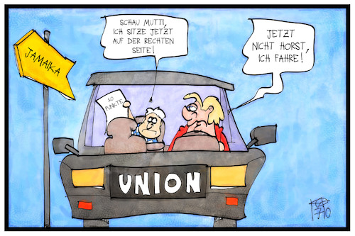 Cartoon: Unionsstreit (medium) by Kostas Koufogiorgos tagged karikatur,koufogiorgos,illustration,cartoon,union,cdu,csu,seehofer,merkel,streit,plan,rechts,partei,politik,auto,fahren,mutter,kind,karikatur,koufogiorgos,illustration,cartoon,union,cdu,csu,seehofer,merkel,streit,plan,rechts,partei,politik,auto,fahren,mutter,kind