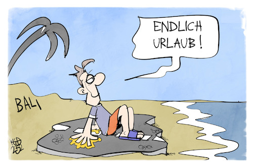 Cartoon: Urlaub auf Bali (medium) by Kostas Koufogiorgos tagged karikatur,koufogiorgos,urlaub,klima,bali,klimakleber,aktivist,umwelt,karikatur,koufogiorgos,urlaub,klima,bali,klimakleber,aktivist,umwelt