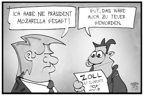 Cartoon: US-Strafzölle (medium) by Kostas Koufogiorgos tagged karikatur,koufogiorgos,illustration,cartoon,handelskrieg,usa,eu,europa,import,mozarella,trump,teuer,geld,waren,karikatur,koufogiorgos,illustration,cartoon,handelskrieg,usa,eu,europa,import,mozarella,trump,teuer,geld,waren