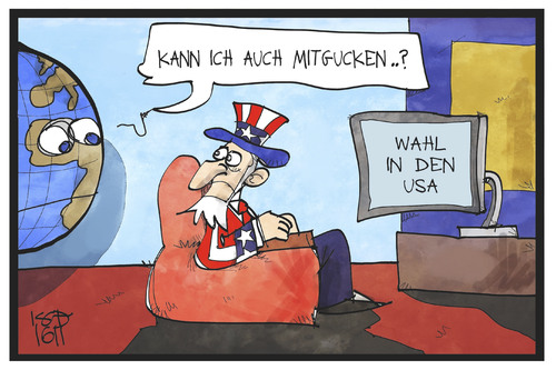 Cartoon: US-Wahl (medium) by Kostas Koufogiorgos tagged karikatur,koufogiorgos,illustration,cartoon,usa,uncle,sam,wahl,erde,welt,globus,fernsehen,live,übertragung,präsident,karikatur,koufogiorgos,illustration,cartoon,usa,uncle,sam,wahl,erde,welt,globus,fernsehen,live,übertragung,präsident