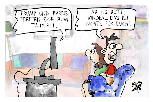 Cartoon: US-Wahlkampf (medium) by Kostas Koufogiorgos tagged karikatur,koufogiorgos,usa,wahlkampf,fernsehen,tv,duell,kind,jugendfrei,harris,trump,karikatur,koufogiorgos,usa,wahlkampf,fernsehen,tv,duell,kind,jugendfrei,harris,trump