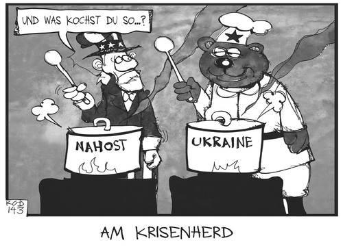 Cartoon: USA und Russland (medium) by Kostas Koufogiorgos tagged karikatur,cartoon,illustration,koufogiorgos,usa,russland,krisenherd,uncle,sam,bär,nahost,ukraine,krieg,konflikt,kochen,feuer,politik,krim,krise,karikatur,cartoon,illustration,koufogiorgos,usa,russland,krisenherd,uncle,sam,bär,nahost,ukraine,krieg,konflikt,kochen,feuer,politik,krim,krise