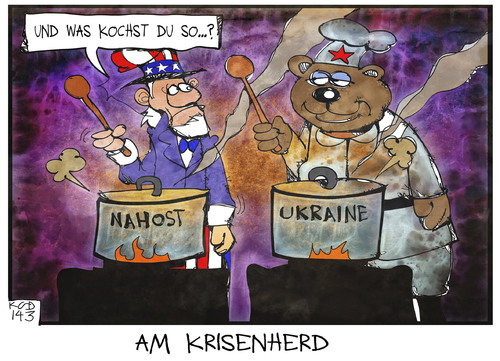 Cartoon: USA und Russland (medium) by Kostas Koufogiorgos tagged karikatur,cartoon,illustration,koufogiorgos,usa,russland,krisenherd,uncle,sam,bär,nahost,ukraine,krieg,konflikt,kochen,feuer,politik,krim,krise,karikatur,cartoon,illustration,koufogiorgos,usa,russland,krisenherd,uncle,sam,bär,nahost,ukraine,krieg,konflikt,kochen,feuer,politik,krim,krise