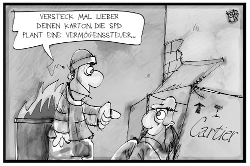 Cartoon: Vermögenssteuer (medium) by Kostas Koufogiorgos tagged karikatur,koufogiorgos,illustration,cartoon,vermögen,vermögenssteuer,soziales,arm,reich,steuer,geld,wohnen,immobilien,markt,obdachlosigkeit,luxus,armut,karikatur,koufogiorgos,illustration,cartoon,vermögen,vermögenssteuer,soziales,arm,reich,steuer,geld,wohnen,immobilien,markt,obdachlosigkeit,luxus,armut