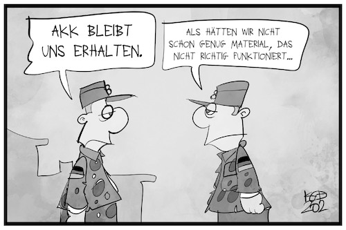 Cartoon: Verteidigungsministerin (medium) by Kostas Koufogiorgos tagged koufogiorgos,illustration,cartoon,karikatur,akk,kramp,karrenbauer,bundeswehr,militär,rüstungsgüter,defekt,fehler,soldat,verteidigungsministerin,koufogiorgos,illustration,cartoon,karikatur,akk,kramp,karrenbauer,bundeswehr,militär,rüstungsgüter,defekt,fehler,soldat,verteidigungsministerin