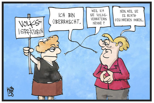 Cartoon: Volksverräterin (medium) by Kostas Koufogiorgos tagged karikatur,koufogiorgos,illustration,cartoon,merkel,demonstrantin,volksverräterin,überraschung,rechtsschreibung,bildung,heidenau,pack,ausländerfeindlichkeit,politik,karikatur,koufogiorgos,illustration,cartoon,merkel,demonstrantin,volksverräterin,überraschung,rechtsschreibung,bildung,heidenau,pack,ausländerfeindlichkeit,politik