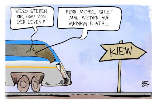 Cartoon: Von der Leyen reist nach Kiew (medium) by Kostas Koufogiorgos tagged karikatur,koufogiorgos,leyen,kiew,bahn,michel,ukraine,krieg,karikatur,koufogiorgos,leyen,kiew,bahn,michel,ukraine,krieg