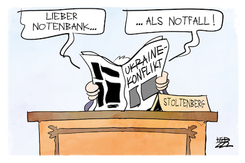 Cartoon: Von der NATO zur Notenbank (medium) by Kostas Koufogiorgos tagged karikatur,koufogiorgos,illustration,cartoon,stoltenberg,notenbank,nato,notfall,ukraine,krieg,konflikt,norwegen,karikatur,koufogiorgos,illustration,cartoon,stoltenberg,notenbank,nato,notfall,ukraine,krieg,konflikt,norwegen