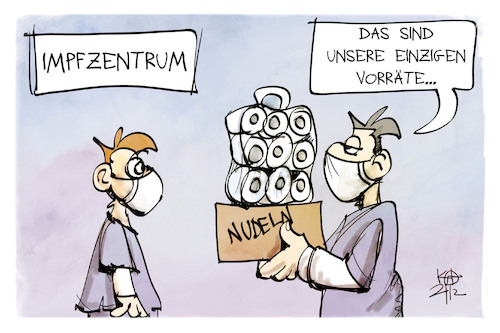 Cartoon: Vorräte im Impfzentrum (medium) by Kostas Koufogiorgos tagged karikatur,koufogiorgos,illustration,cartoon,impfstoff,impfstoffmangel,impfzentrum,nudeln,klopapier,karikatur,koufogiorgos,illustration,cartoon,impfstoff,impfstoffmangel,impfzentrum,nudeln,klopapier