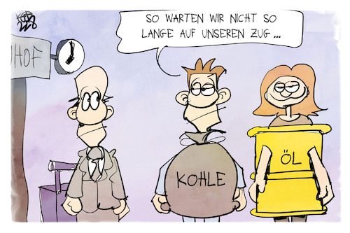 Cartoon: Vorrang für Kohle und Öl (medium) by Kostas Koufogiorgos tagged karikatur,koufogiorgos,kohle,oel,fahrgast,bahn,verspätung,zug,energie,karikatur,koufogiorgos,kohle,oel,fahrgast,bahn,verspätung,zug,energie