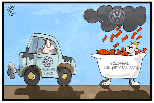 Cartoon: VW-Bußgeld (medium) by Kostas Koufogiorgos tagged karikatur,koufogiorgos,illustration,cartoon,vw,volkswagen,dieselgate,bußgeld,niedersachsen,goldmarie,pechmarie,märchen,grimm,frau,holle,geldregen,karikatur,koufogiorgos,illustration,cartoon,vw,volkswagen,dieselgate,bußgeld,niedersachsen,goldmarie,pechmarie,märchen,grimm,frau,holle,geldregen