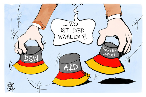 Cartoon: Wählerfang (medium) by Kostas Koufogiorgos tagged karikatur,koufogiorgos,wähler,hütchenspiel,afd,bsw,werteunion,karikatur,koufogiorgos,wähler,hütchenspiel,afd,bsw,werteunion