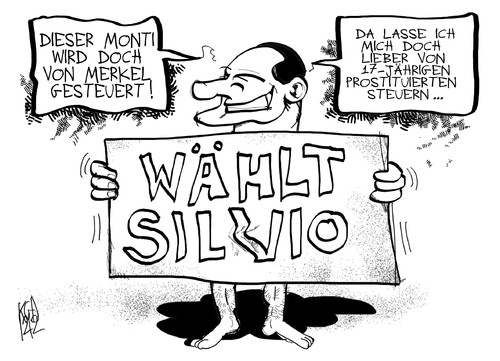 Cartoon: Wählt Silvio! (medium) by Kostas Koufogiorgos tagged berlusconi,italien,silvio,bunga,prostituierte,merkel,monti,deutschland,wahl,ministerpräsident,karikatur,kostas,koufogiorgos,berlusconi,italien,silvio,bunga,prostituierte,merkel,monti,deutschland,wahl,ministerpräsident,karikatur,kostas,koufogiorgos