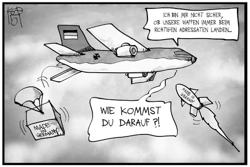 Cartoon: Waffen in den Irak (medium) by Kostas Koufogiorgos tagged karikatur,koufogiorgos,illustration,cartoon,irak,waffen,flugzeug,rakete,angriff,abwurf,lieferung,bundeswehr,deutschland,politik,karikatur,koufogiorgos,illustration,cartoon,irak,waffen,flugzeug,rakete,angriff,abwurf,lieferung,bundeswehr,deutschland,politik