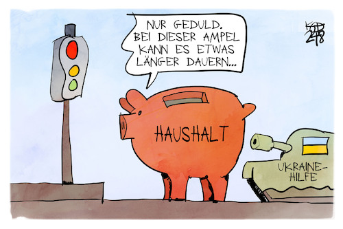 Cartoon: Warten auf die Ampel (medium) by Kostas Koufogiorgos tagged karikatur,koufogiorgos,ampel,ukraine,hilfe,haushalt,warten,panzer,sparschwein,karikatur,koufogiorgos,ampel,ukraine,hilfe,haushalt,warten,panzer,sparschwein