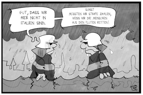 Cartoon: Wasserrettung (medium) by Kostas Koufogiorgos tagged karikatur,koufogiorgos,illustration,cartoon,italien,rettung,wasser,seenot,regen,ueberschwemmung,ueberflutung,karikatur,koufogiorgos,illustration,cartoon,italien,rettung,wasser,seenot,regen,ueberschwemmung,ueberflutung