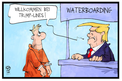 Cartoon: Waterboarding (medium) by Kostas Koufogiorgos tagged karikatur,koufogiorgos,illustration,cartoon,trump,waterboarding,lines,usa,folter,foltermethoden,schiff,linie,reederei,karikatur,koufogiorgos,illustration,cartoon,trump,waterboarding,lines,usa,folter,foltermethoden,schiff,linie,reederei