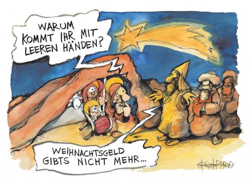 Cartoon: Weihnachtsgeld (medium) by Kostas Koufogiorgos tagged grosse,koalition,cdu,spd,reformen,arbeitsmarkt,weihnachtsgeld,große koalition,cdu,spd,reform,reformen,arbeitsmarkt,arbeit,kurt beck,kurt,beck,angela merkel,angela,merkel,jesus,christkind,geburt,bibel,geschichte,religion,drei,könige,baltasar,melchior,kaspar,maria,joseph,krippe,stall,sternschnuppe,heilige,stern,leere,hände,gold,christen,einschnitt,einschnitte,sonderzulagen,einsparungen,einsparung,große,koalition