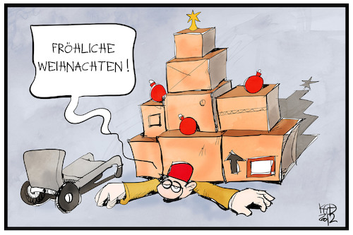 Cartoon: Weihnachtspakete (medium) by Kostas Koufogiorgos tagged karikatur,koufogiorgos,illustration,cartoon,paket,weihnachten,bote,weihnachtsbaum,arbeit,ueberlastung,erschoepfung,karikatur,koufogiorgos,illustration,cartoon,paket,weihnachten,bote,weihnachtsbaum,arbeit,ueberlastung,erschoepfung