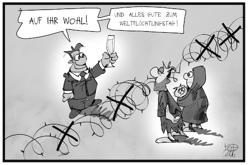 Cartoon: Weltflüchtlingstag (medium) by Kostas Koufogiorgos tagged karikatur,koufogiorgos,illustration,cartoon,flüchtlinge,weltflüchtlingstag,grenze,gratulation,karikatur,koufogiorgos,illustration,cartoon,flüchtlinge,weltflüchtlingstag,grenze,gratulation