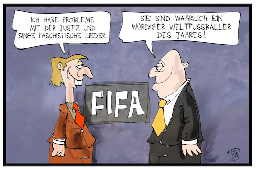 Cartoon: Weltfußballer des Jahres (medium) by Kostas Koufogiorgos tagged karikatur,koufogiorgos,illustration,cartoon,fifa,fußball,korruption,straftat,faschismus,kroatien,sport,weltverband,infantino,modric,karikatur,koufogiorgos,illustration,cartoon,fifa,fußball,korruption,straftat,faschismus,kroatien,sport,weltverband,infantino,modric