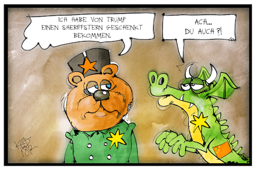 Cartoon: Weltpolizei (medium) by Kostas Koufogiorgos tagged karikatur,koufogiorgos,illustration,cartoon,welt,polizei,china,russland,sheriff,sheriffstern,geschenk,trump,usa,drache,bär,karikatur,koufogiorgos,illustration,cartoon,welt,polizei,china,russland,sheriff,sheriffstern,geschenk,trump,usa,drache,bär