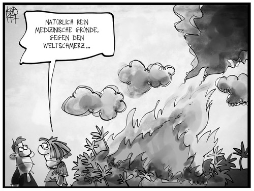 Cartoon: Weltschmerz (medium) by Kostas Koufogiorgos tagged illustration,koufogiorgos,welt,politik,medizin,gesundheit,betäubung,feuer,rauch,weltschmerz,schmerzen,marihuana,hasch,cannabis,karikatur,cartoon,koufogiorgos,illustration,cartoon,karikatur,cannabis,hasch,marihuana,schmerzen,weltschmerz,rauch,feuer,betäubung,gesundheit,medizin,politik,welt