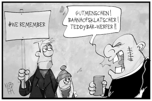 Cartoon: WeRemember (medium) by Kostas Koufogiorgos tagged karikatur,koufogiorgos,illustration,cartoon,neonazi,holocaust,gedenken,nationalsozialismus,gutmensch,bahnhofsklatscher,teddywerfer,weremember,karikatur,koufogiorgos,illustration,cartoon,neonazi,holocaust,gedenken,nationalsozialismus,gutmensch,bahnhofsklatscher,teddywerfer,weremember