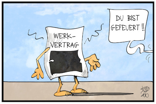 Cartoon: Werkverträge (medium) by Kostas Koufogiorgos tagged karikatur,koufogiorgos,illustration,cartoon,werkvertrag,arbeit,fleischindustrie,toennies,verbot,arbeitsrecht,gefeuert,entlassung,vertrag,karikatur,koufogiorgos,illustration,cartoon,werkvertrag,arbeit,fleischindustrie,toennies,verbot,arbeitsrecht,gefeuert,entlassung,vertrag