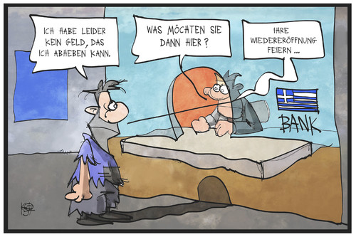 Cartoon: Wiedereröffnung (medium) by Kostas Koufogiorgos tagged karikatur,koufogiorgos,illustration,cartoon,griechenland,bank,kunde,geld,wirtschaft,schuldenkrise,öffnung,bürger,armut,politik,karikatur,koufogiorgos,illustration,cartoon,griechenland,bank,kunde,geld,wirtschaft,schuldenkrise,öffnung,bürger,armut,politik