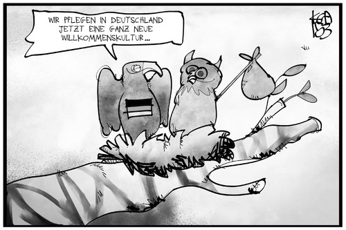 Cartoon: Willkommenskultur (medium) by Kostas Koufogiorgos tagged karikatur,koufogiorgos,cartoon,illustration,deutschland,bundesadler,willkommenskultur,eule,nest,vogel,einwanderung,migration,politik,karikatur,koufogiorgos,cartoon,illustration,deutschland,bundesadler,willkommenskultur,eule,nest,vogel,einwanderung,migration,politik