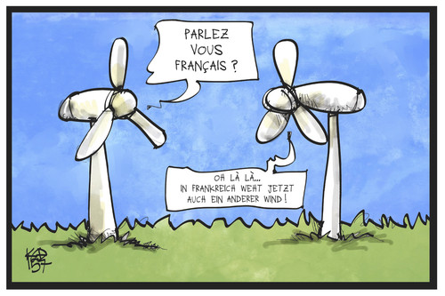 Cartoon: Windkraft aus Frankreich (medium) by Kostas Koufogiorgos tagged karikatur,koufogiorgos,illustration,cartoon,frankreich,energiewende,windrad,ökostrom,umwelt,deutschland,wind,wirtschaft,karikatur,koufogiorgos,illustration,cartoon,frankreich,energiewende,windrad,ökostrom,umwelt,deutschland,wind,wirtschaft