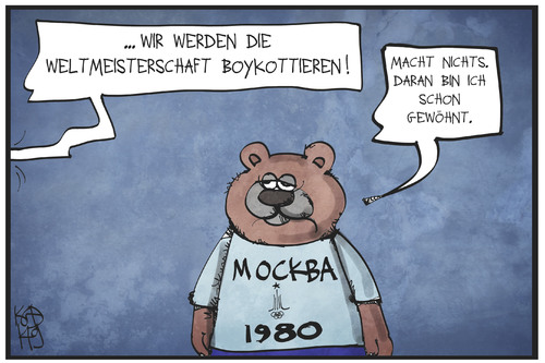 Cartoon: WM-Boykott (medium) by Kostas Koufogiorgos tagged karikatur,koufogiorgos,illustration,cartoon,moskau,1980,olympia,boykott,sport,sportveranstaltung,wm,bär,maskottchen,politik,eu,europa,russland,karikatur,koufogiorgos,illustration,cartoon,moskau,1980,olympia,boykott,sport,sportveranstaltung,wm,bär,maskottchen,politik,eu,europa,russland