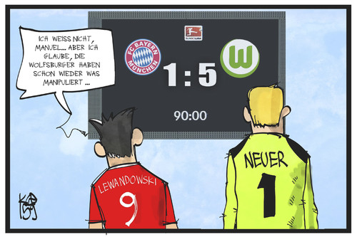 Cartoon: Wolfsburg manipuliert (medium) by Kostas Koufogiorgos tagged karikatur,koufogiorgos,illustration,cartoon,bundesliga,fussball,neuer,lewandowski,bayern,münchen,vfl,wolfsburg,anzeigetafel,manipulation,betrug,dieselgate,skandal,vw,wirtschaft,sport,karikatur,koufogiorgos,illustration,cartoon,bundesliga,fussball,neuer,lewandowski,bayern,münchen,vfl,wolfsburg,anzeigetafel,manipulation,betrug,dieselgate,skandal,vw,wirtschaft,sport