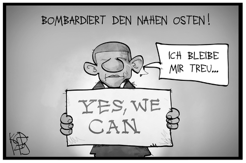 Cartoon: Yes we can! (medium) by Kostas Koufogiorgos tagged karikatur,koufogiorgos,illustration,cartoon,obama,usa,nahost,is,bombardierung,kampf,krieg,terrorismus,treu,motto,politik,karikatur,koufogiorgos,illustration,cartoon,obama,usa,nahost,is,bombardierung,kampf,krieg,terrorismus,treu,motto,politik