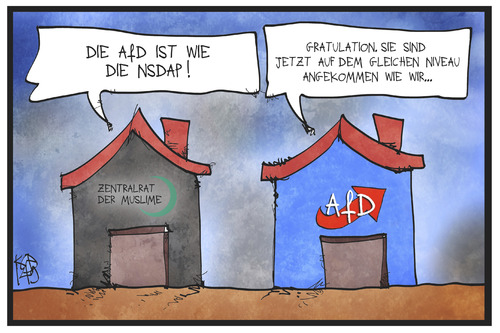 Cartoon: ZDM und AfD (medium) by Kostas Koufogiorgos tagged karikatur,koufogiorgos,illustration,cartoon,afd,zdm,muslime,zentralrat,partei,nsdap,haus,verband,religion,islam,populismus,niveau,beleidigung,nationalsozialismus,vergleich,karikatur,koufogiorgos,illustration,cartoon,afd,zdm,muslime,zentralrat,partei,nsdap,haus,verband,religion,islam,populismus,niveau,beleidigung,nationalsozialismus,vergleich